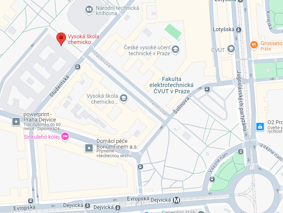 Map of the surroundings of the University of Chemistry and Technology, Prague